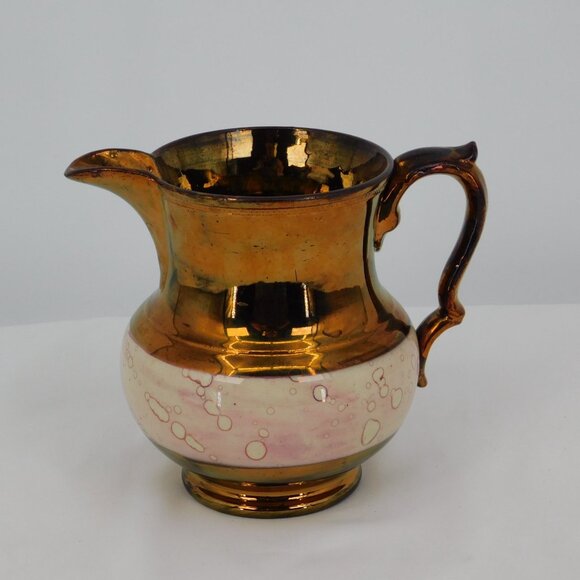 Copper Lusterware Pitcher Antique Staffordshire 5 1/4" Single Pink Band FLAW - Picture 3 of 9